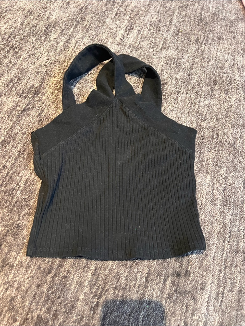 Zara Black Ribbed Halter Crop Top -